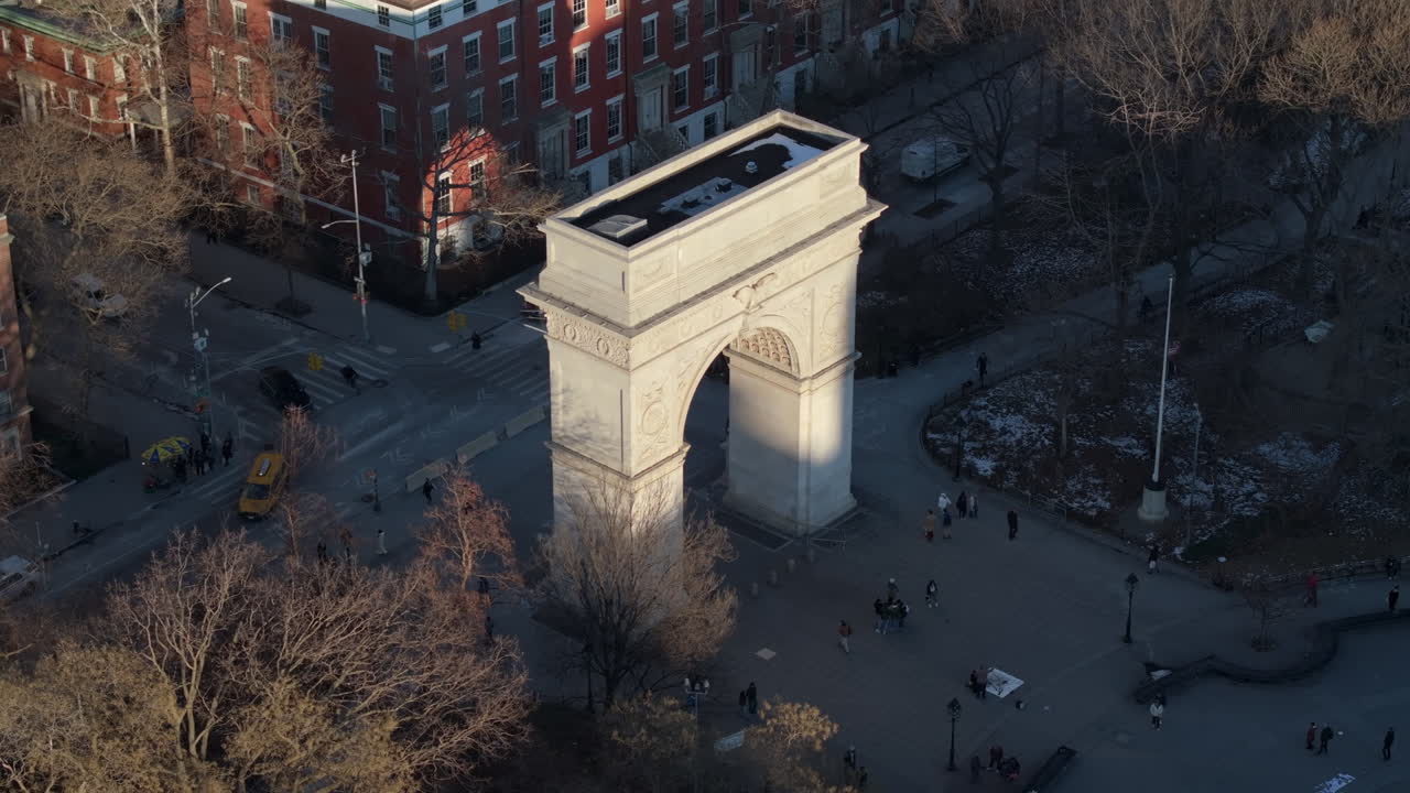 Aerial view of Washington Square Park. Shot on a winter afternoon in New York City.