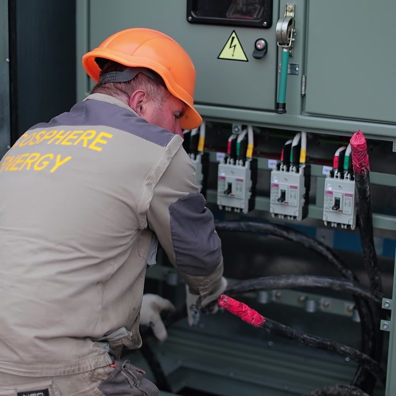 Technician worker bending thick cables. Metal booth with equipment and special devices. Handyman at work