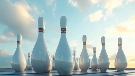 bowling pins under a sunset sky
