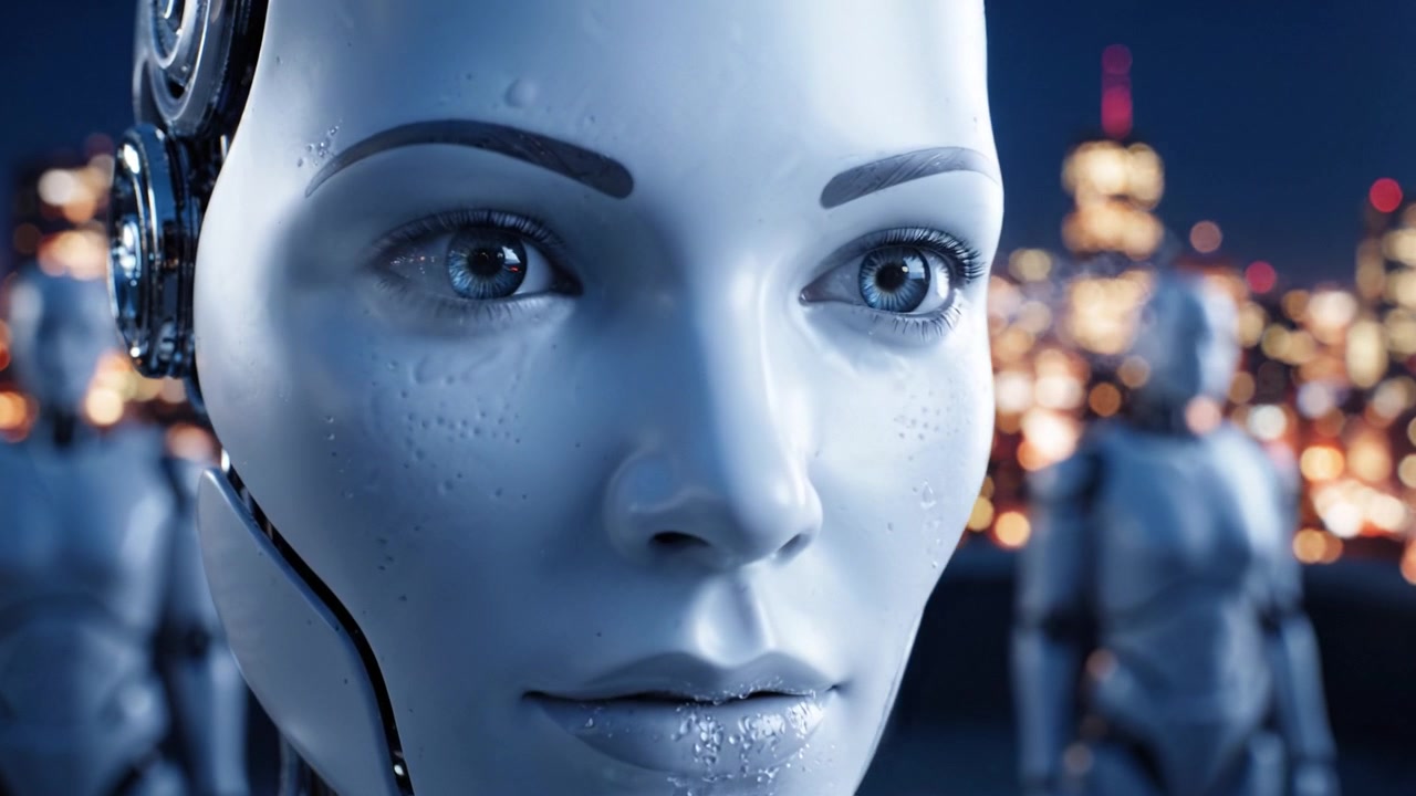 Uno sguardo al futuro: robot umanoidi realistici contro lo skyline di una città di notte che evidenziano tecnologia e innovazione nello sviluppo della robotica e dell'IA.