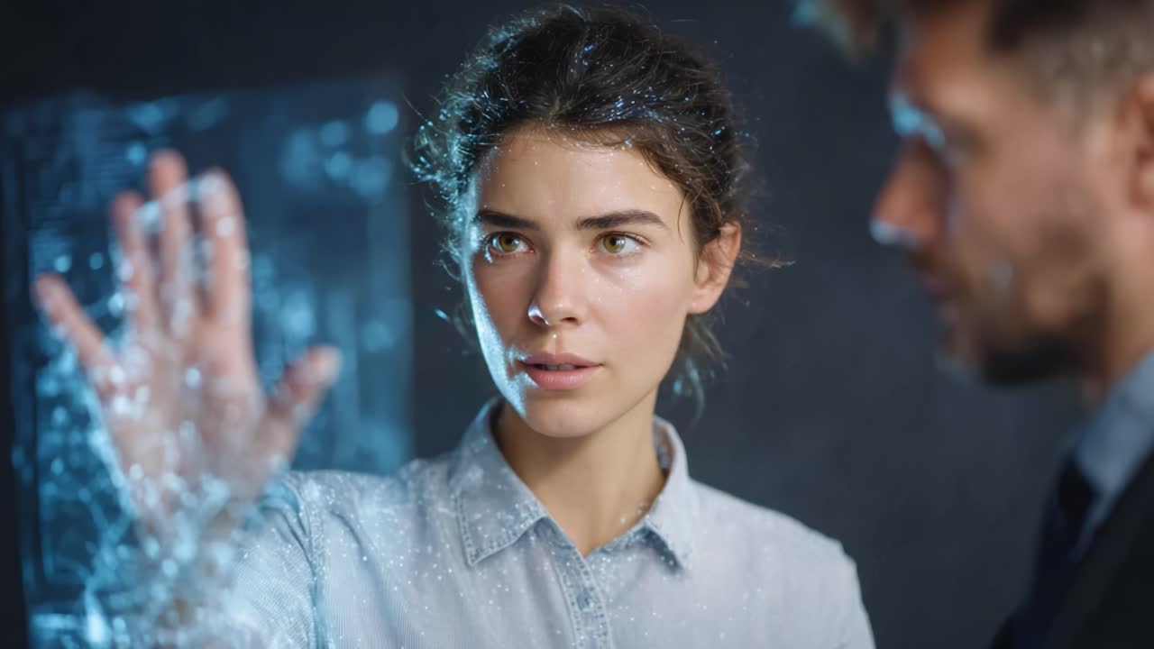 A Woman Engaged in a High-Tech Interaction with a Holographic Display, Showcasing the Fascinating Blend of Human Intuition and Cutting-Edge Technology in a Dimly Lit Environment