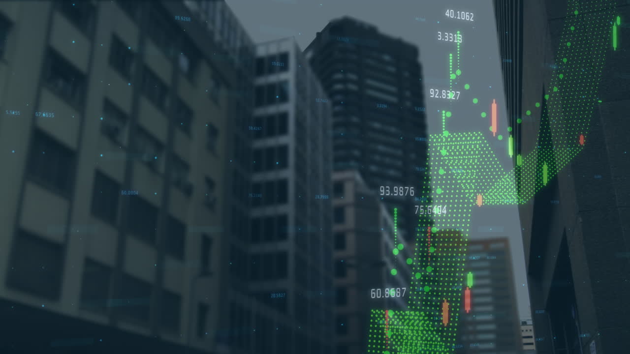 animación del procesamiento de datos financieros sobre edificios modernos en la ciudad