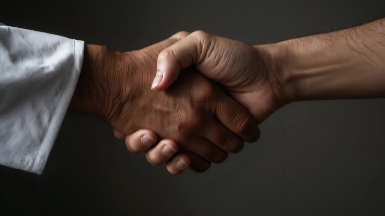 Shaking two adult hands greeting during meeting in studio, showing white shirt cuff and veins