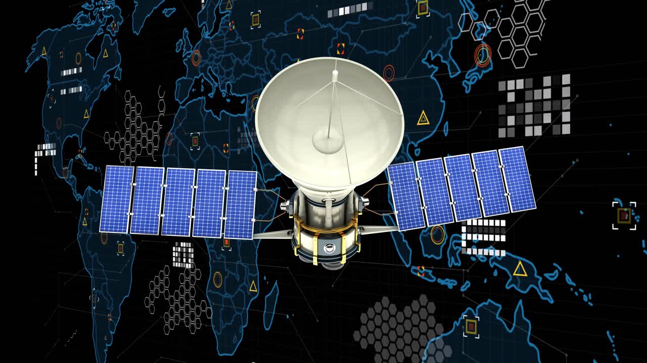 지구 위의 위성 애니메이션과 검은 바탕의 데이터 처리