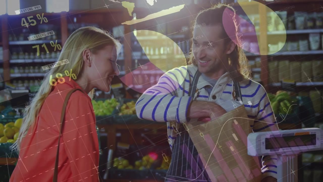 Animation of data processing over happy caucasian male greengrocer serving female customer