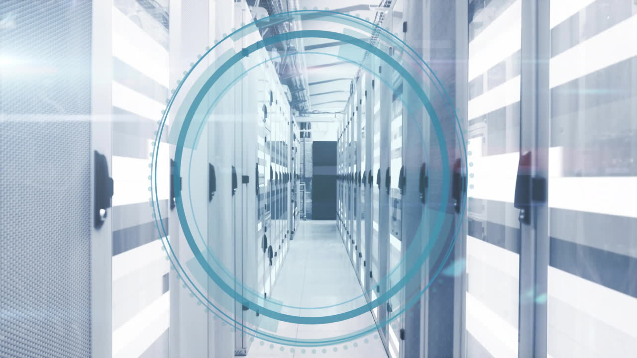 Digital interface animating over server racks in modern data center environment