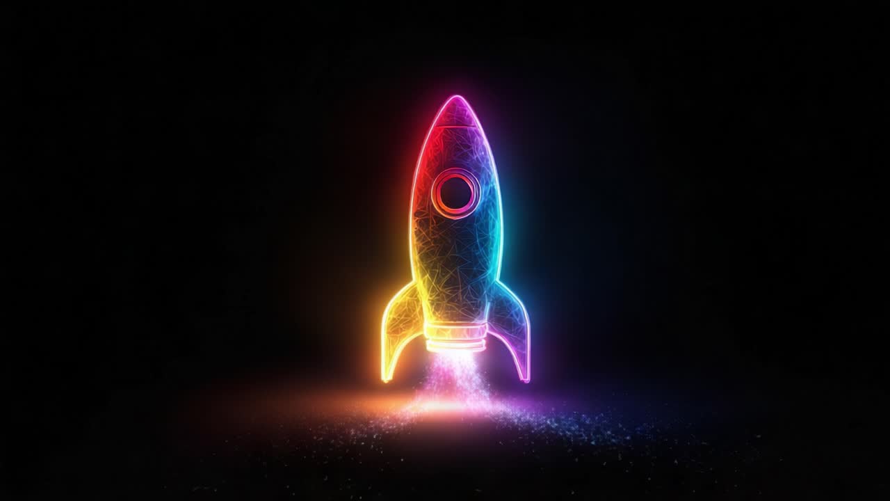 Abstract futuristic polygonal wireframe rocket taking off against a black background. Launch sequence symbolizing innovation. Business startup. Speed. And new technology. Glowing with colorful lights