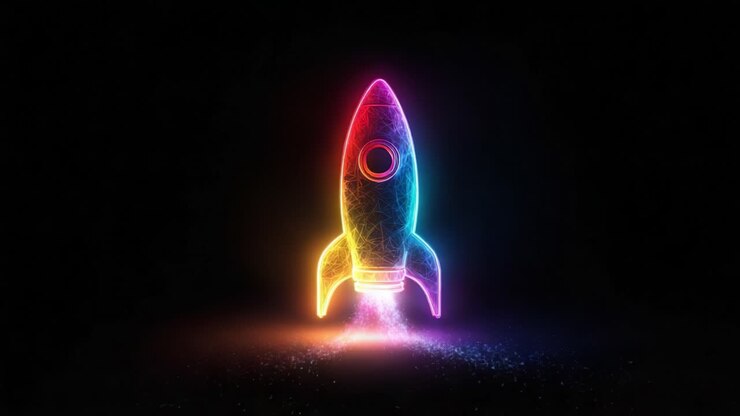 Abstract futuristic polygonal wireframe rocket taking off against a black background. Launch sequence symbolizing innovation. Business startup. Speed. And new technology. Glowing with colorful lights