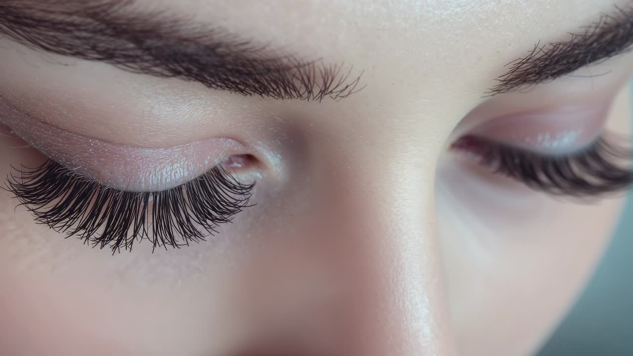 Frame shift causing woman's eyes opening, shifting gaze in studio closeup, showing lash extensions