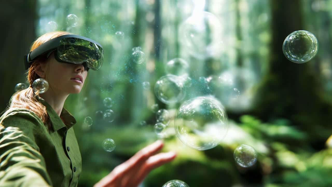 A woman in a lush forest wearing augmented reality goggles interacts with floating bubbles, merging nature and technology in an immersive experience that captivates the senses