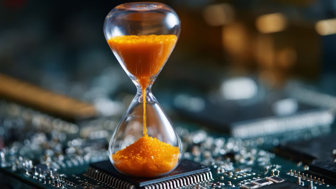 The Intersection of Time and Technology: An Hourglass Filled with Glimmering Orange Sand Sits on a Circuit Board, Symbolizing the Passage of Time in a Digital Era