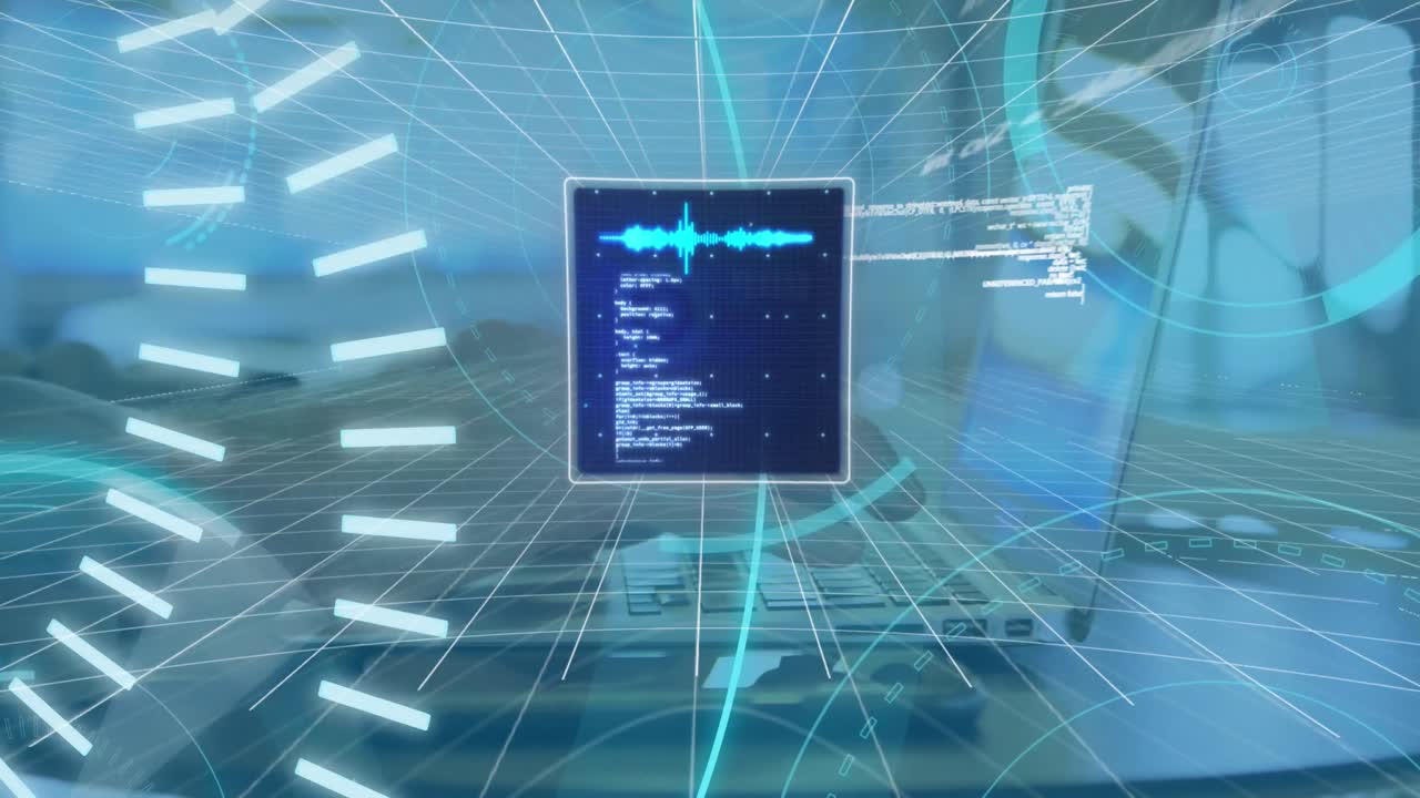 5g 텍스트의 애니메이션, 컴퓨터 언어, 인포그래픽 인터페이스, 노트북에서 타이핑하는 손