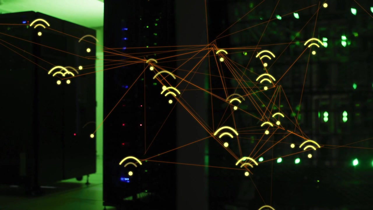 Scan initiating network overlay over server racks, growing nodes and showing packets for monitoring