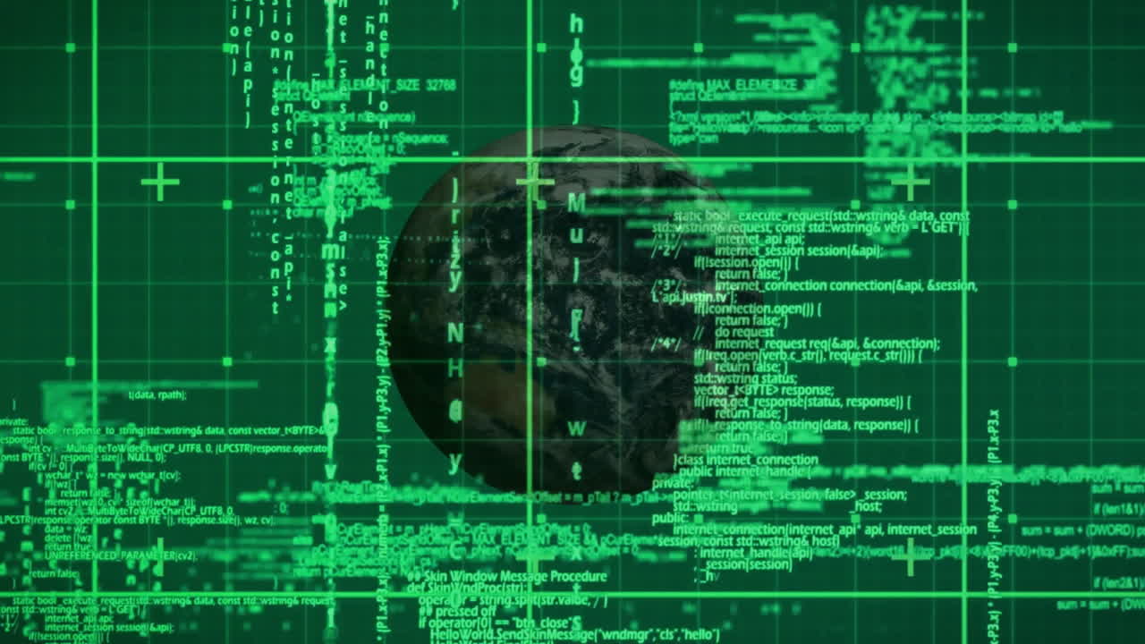 Digital Earth globe being animated in hologram interface, with green code streams and grid markers