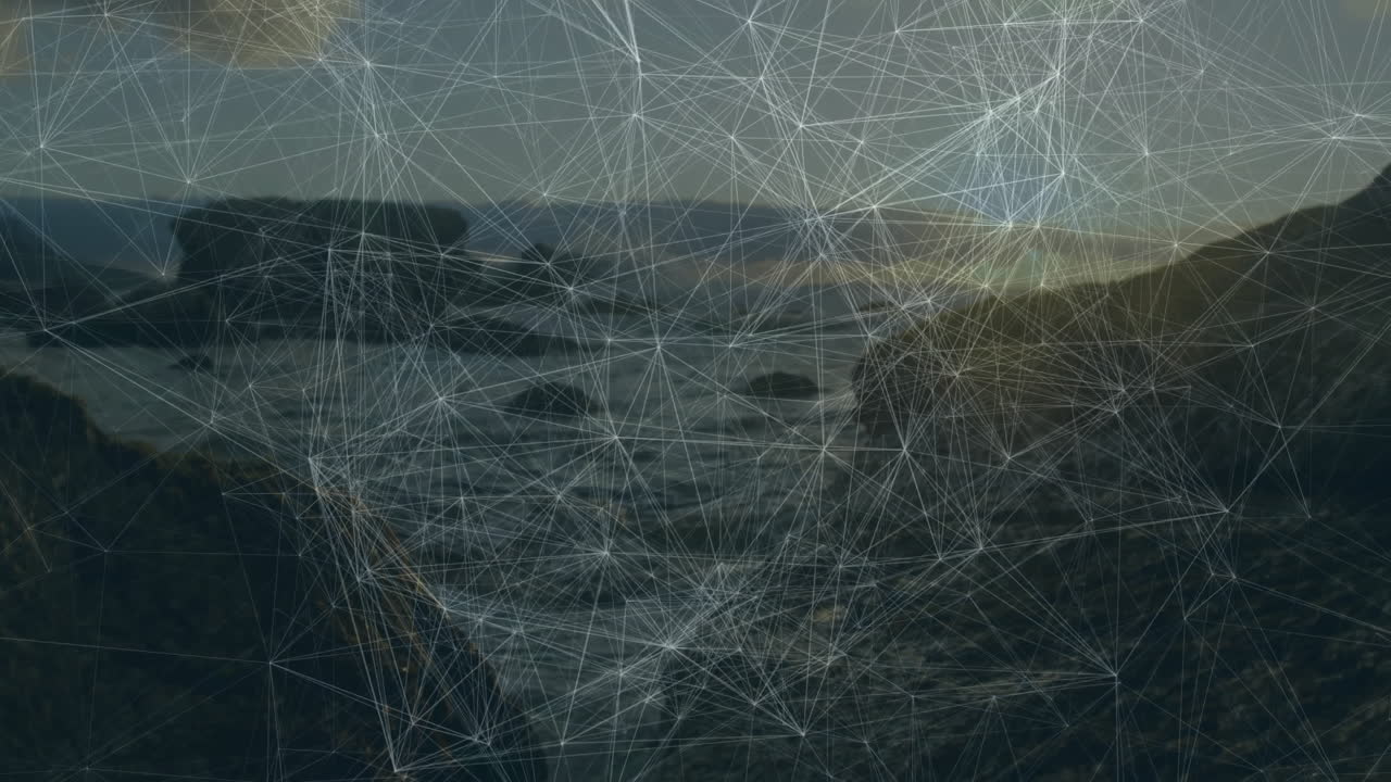 Network of connections and data processing animation over coastal landscape