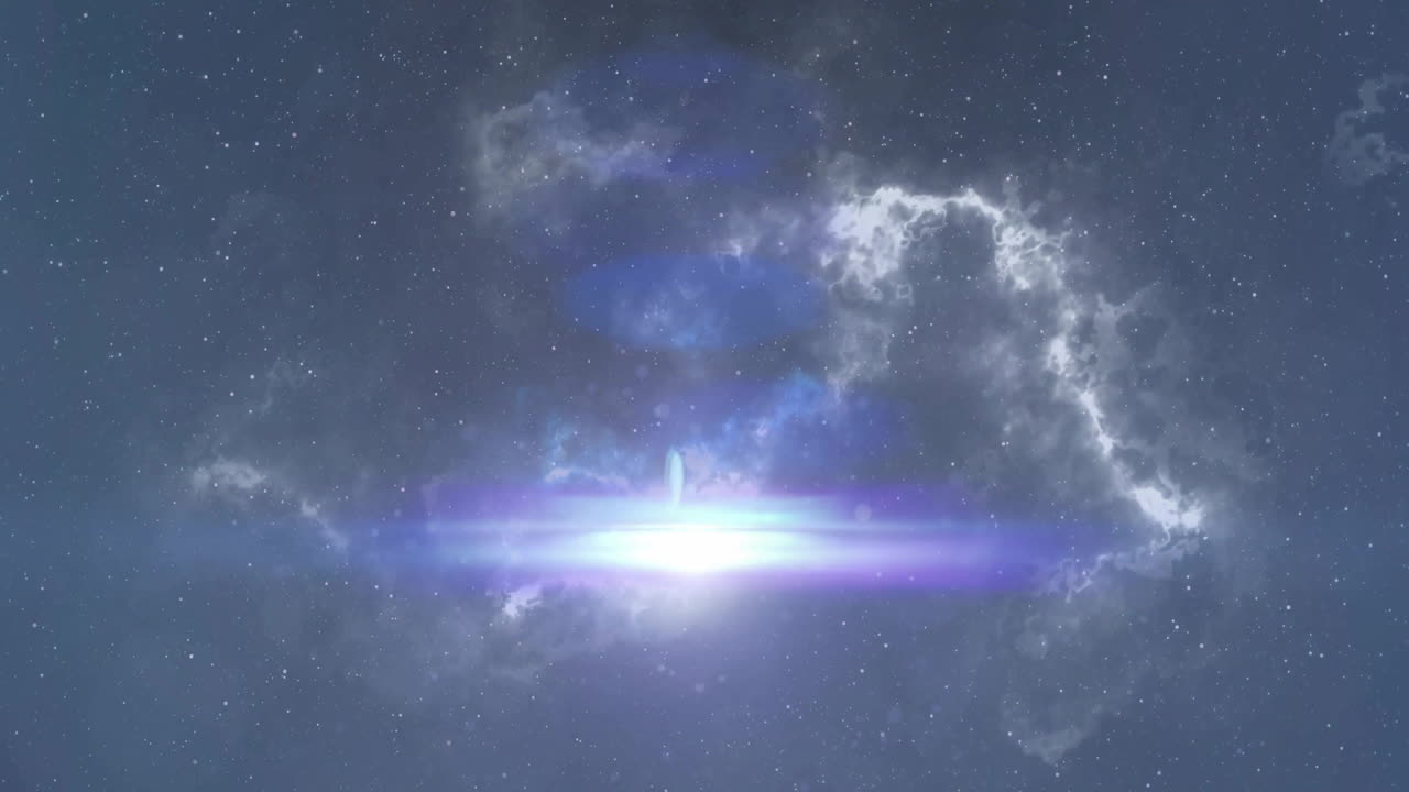 Animation of glowing light spots moving over cloud of smoke on grey background