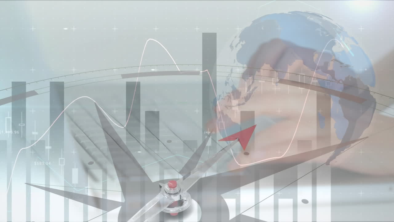 procesamiento de datos financieros a través de un globo giratorio y una brújula contra la persona que escribe en el teclado