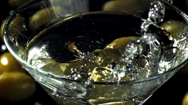 Olive verdi che cadono in un bicchiere da Martini al rallentatore