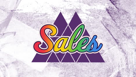 animation of sales text over white shapes on purple background