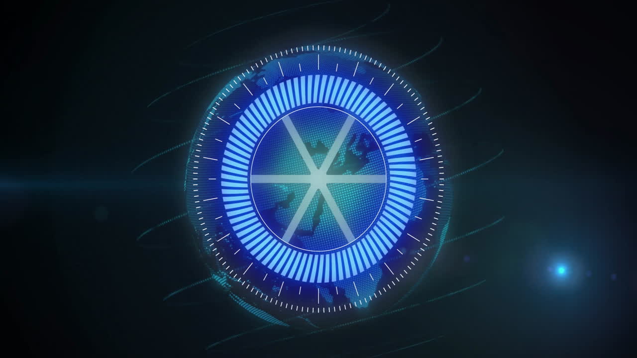 Animation of futuristic interface with digital globe and patterns in blue and white