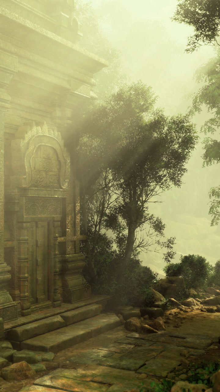 Mysterious ancient temple shrouded in mist at dawn surrounded by lush greenery