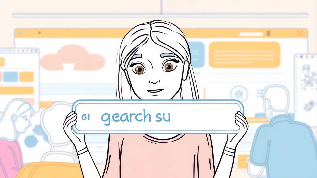 Cartoon illustration of a woman holding a search bar