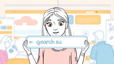 cartoon illustration of a woman holding a search bar