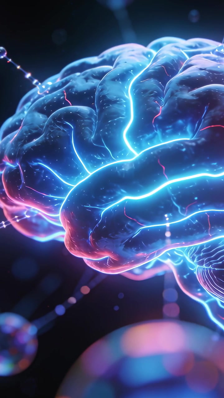 Vertical video: Neon brain rotating pulsing in void, with incoming node sending pulses along sulci
