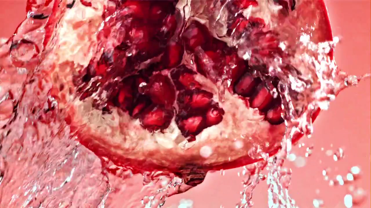 Slowmotion af vand, der sprøjter på saftige granatæblekerner