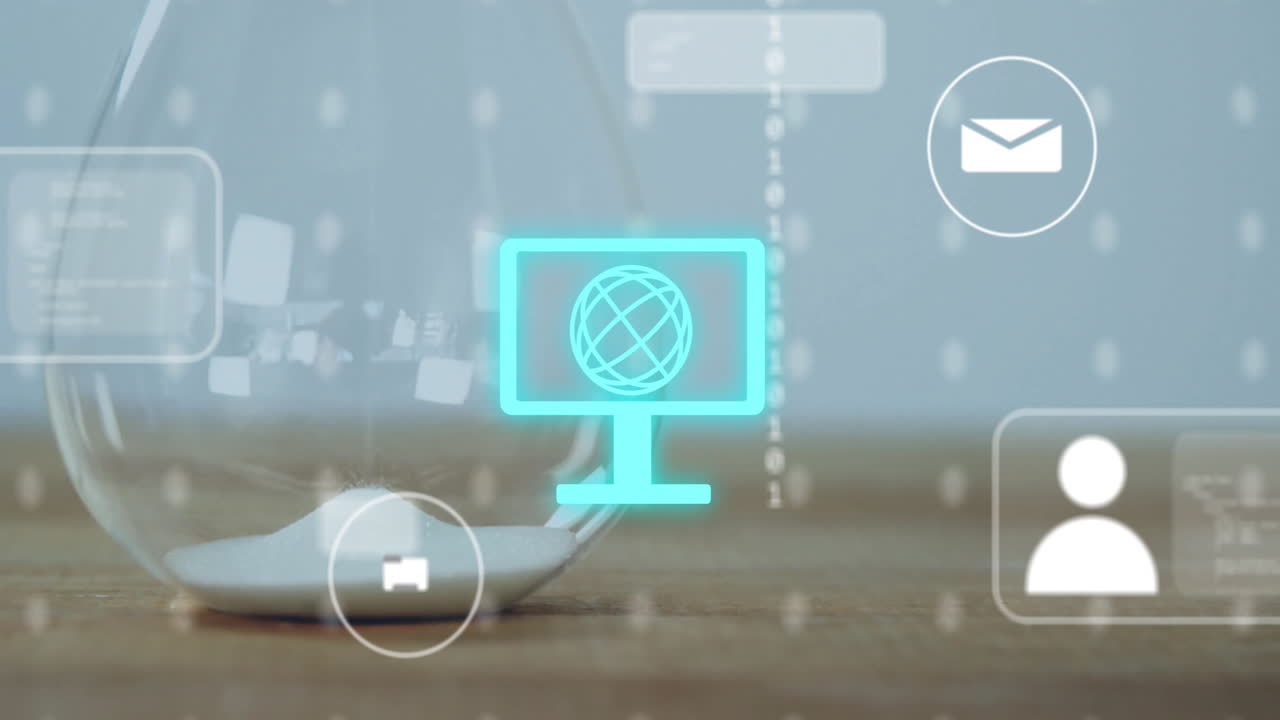 Animazione di elaborazione dati e icone multimediali su clessidra.