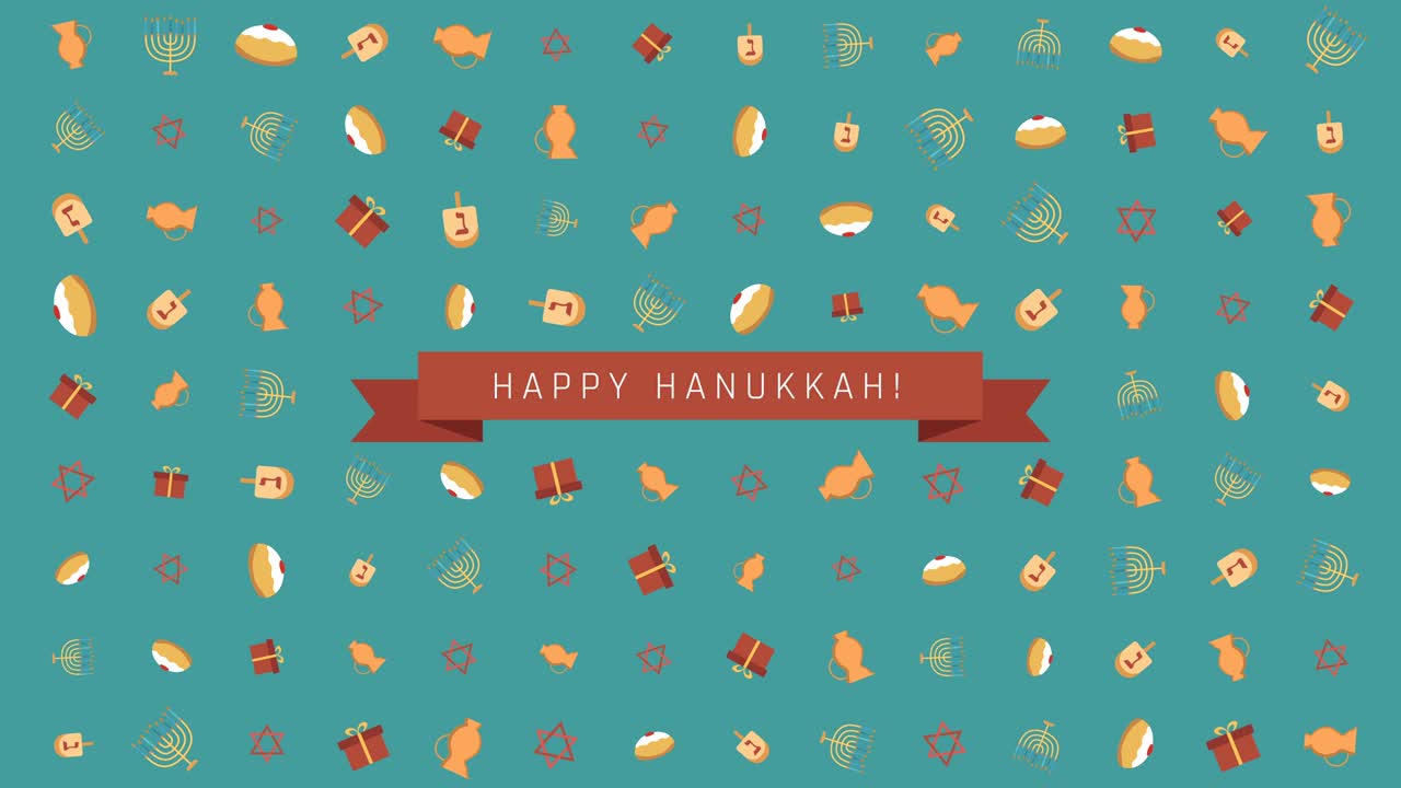 fondo de animación de diseño plano de vacaciones de hanukkah con símbolos tradicionales y texto en inglés