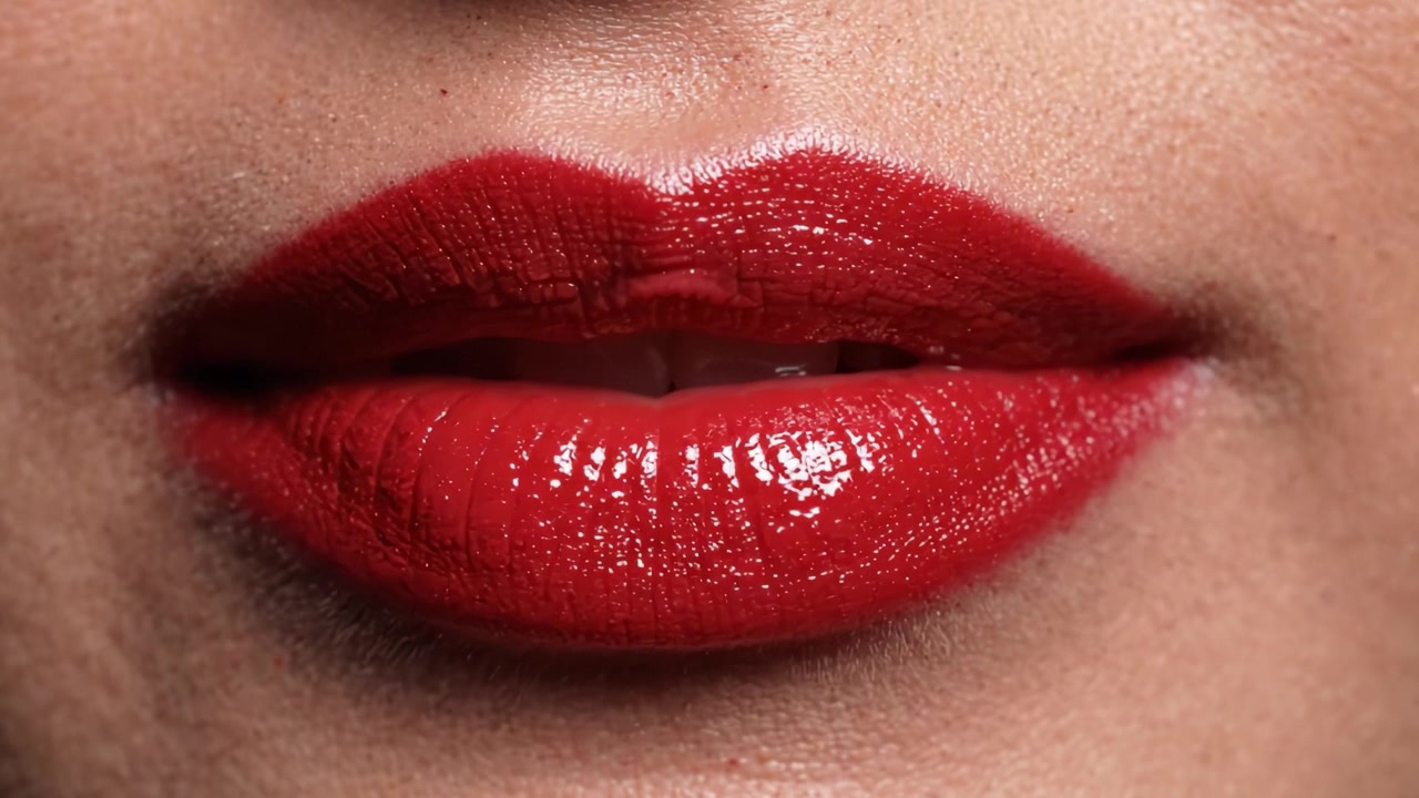 Close-up cativante de lábios vermelhos brilhantes, exibindo técnicas de maquiagem impecáveis e uma cor de lábios exuberante, perfeito para inspiração de beleza e tendências de moda.
