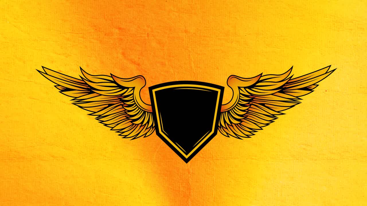 animación digital del diseño del logotipo con insignia y alas contra un fondo amarillo