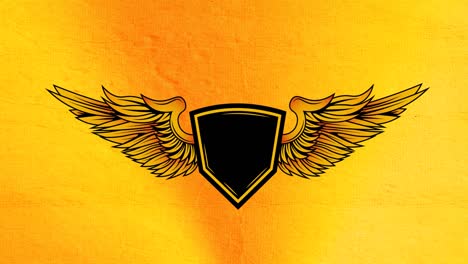 digital animation of logo design with badge and wings against yellow background