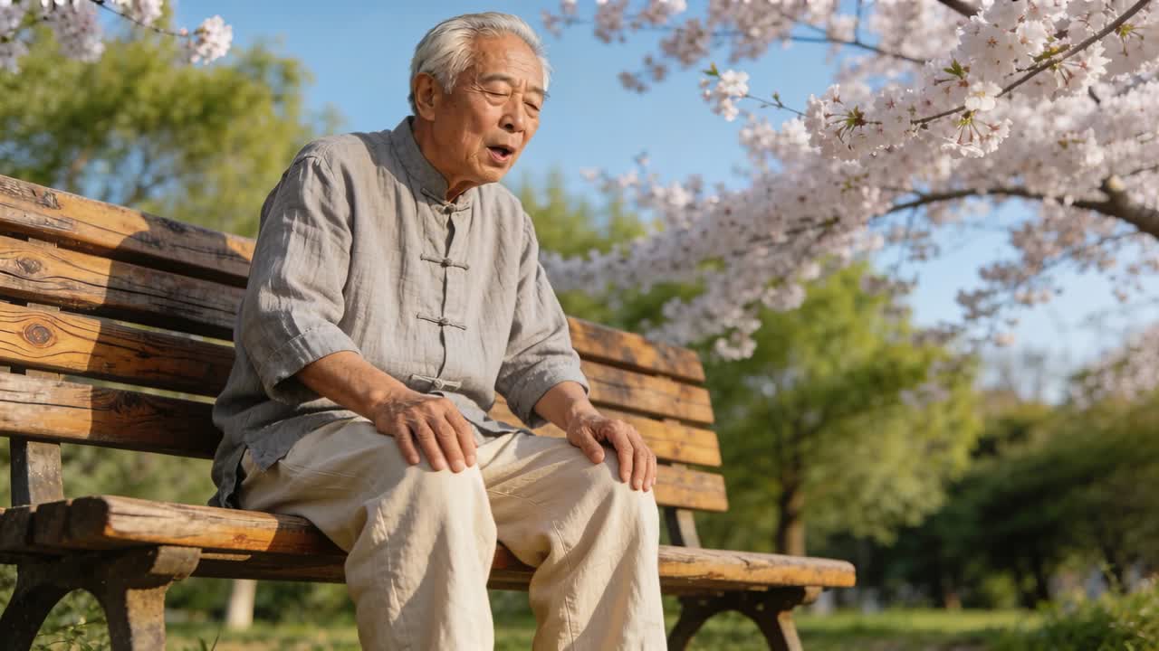 一名身穿灰色襯衫的年長亞洲男子，在公園長椅上感受著櫻花氣息，他深吸一口氣，挺直了身軀。