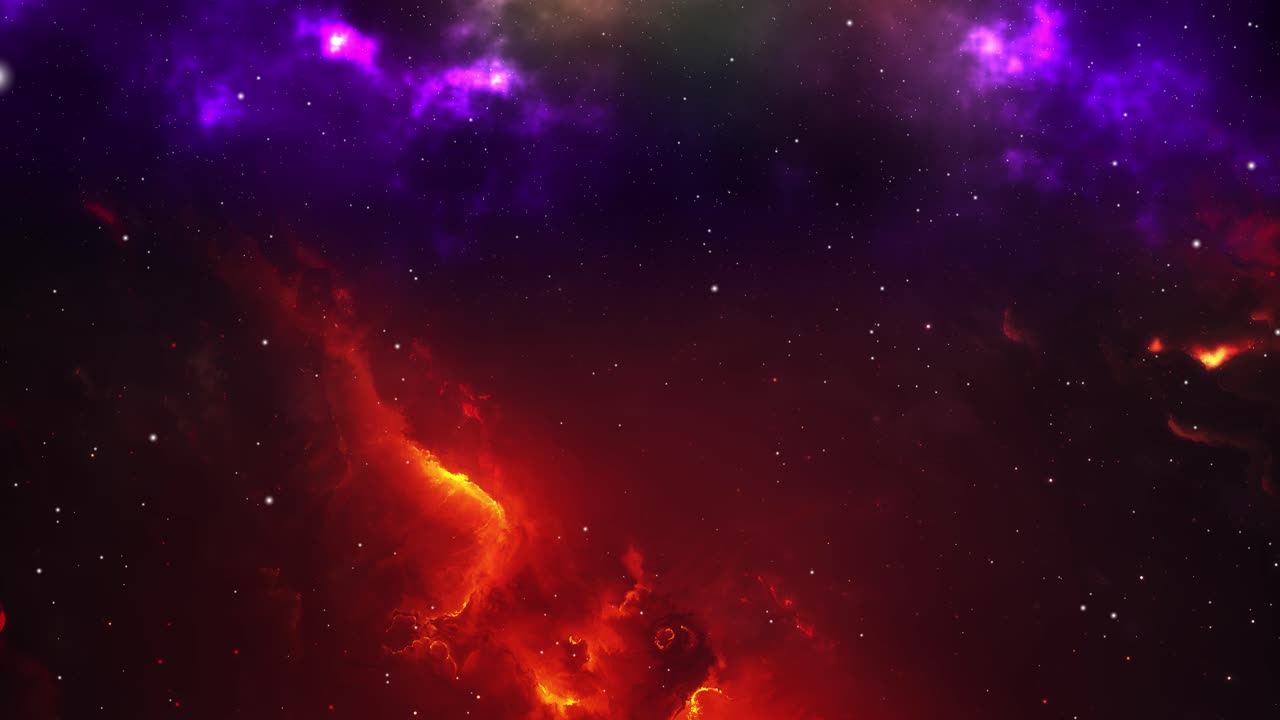 외계 공간을 통해 빨간색과 파란색 성운을 날아