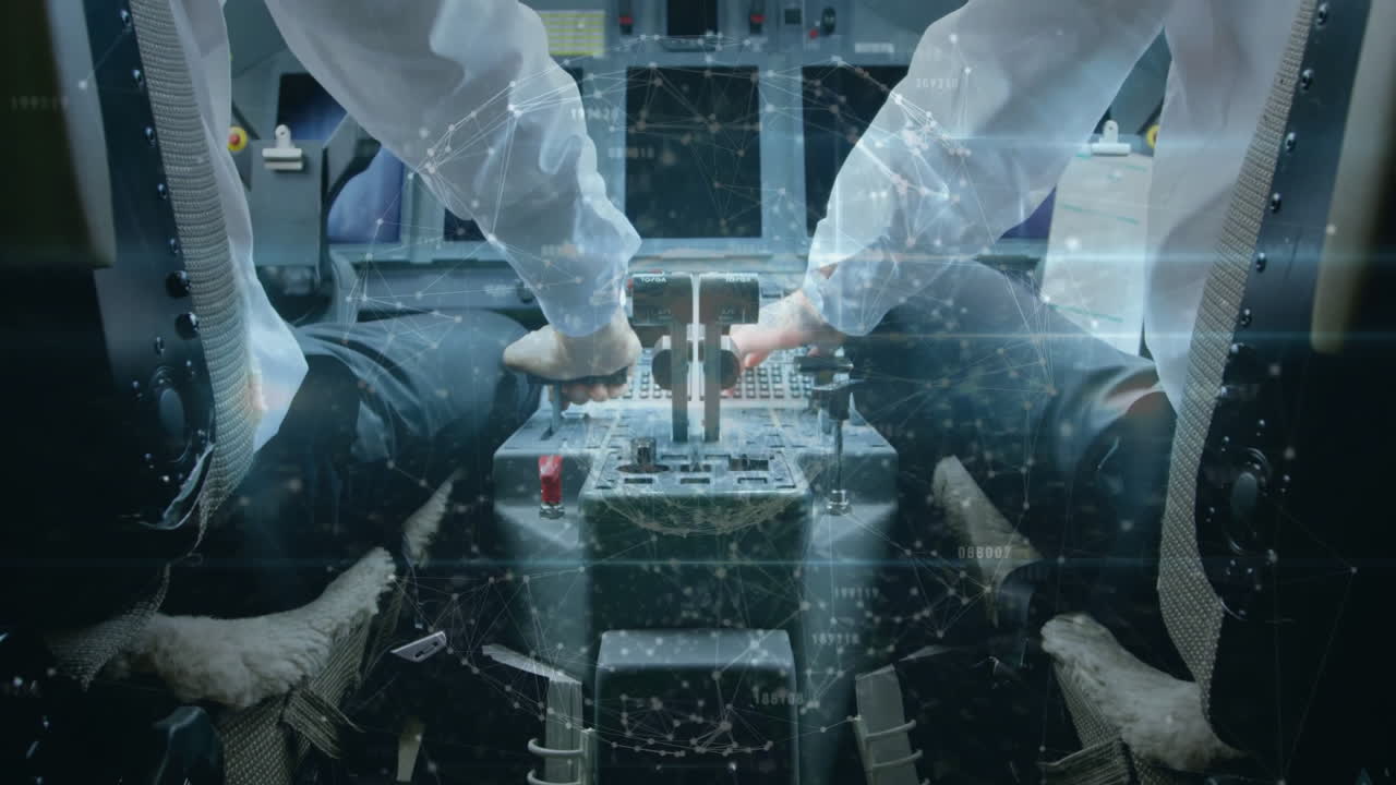 조종사들이 디지털 네트워크 연결을 통해 항공기 제어 장치를 조종합니다. 조종석 위의 애니메이션.