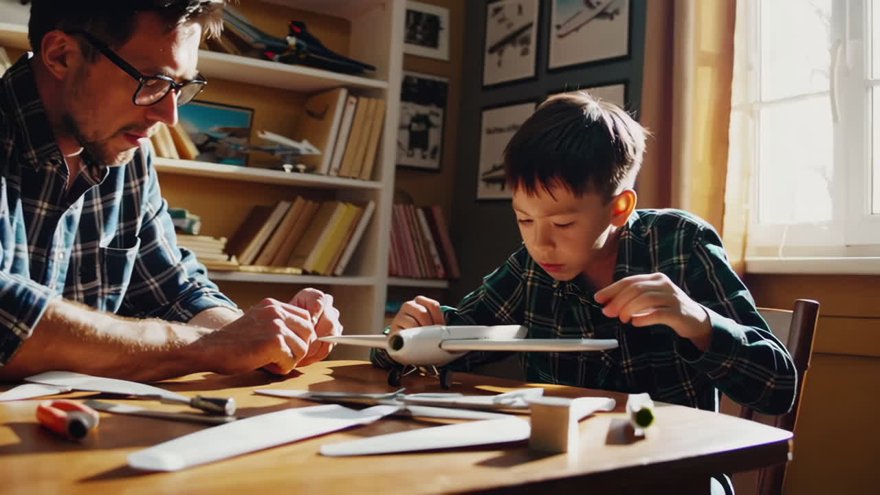 Father and son building a model airplane
