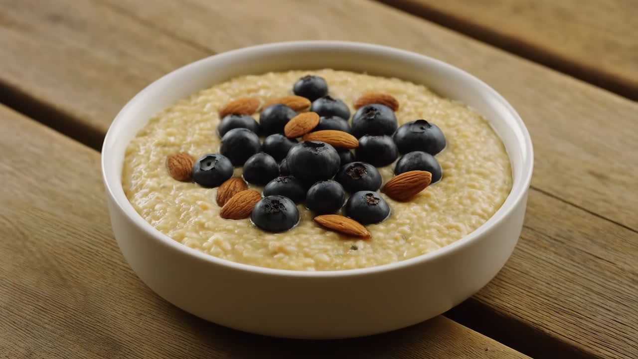 Ciotola di fiocchi d'avena sani con mirtilli e mandorle su un tavolo di legno