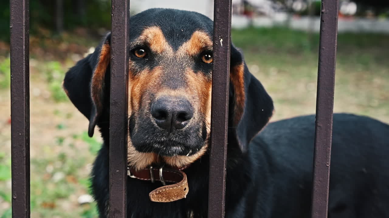 Black dog with the collar looking into the camera visible through the fence. Slow motion