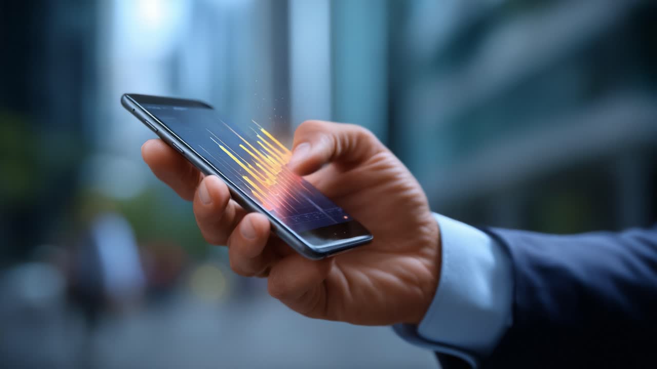 An individual interacts with an advanced smartphone, showcasing a vibrant visual display of sound waves, symbolizing the fusion of technology and communication in a modern urban setting
