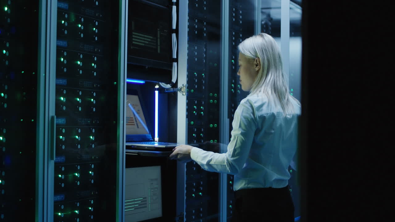Woman IT professional working in a server room