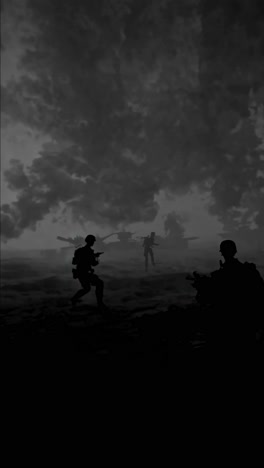 military personnel advancing through dense smoke, navigating challenging battlefield conditions with strategic movements during intense combat operation in dramatic monochrome environment