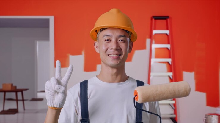 lächelnder maler zeigt zwei finger in einem raum mit bemalten wänden