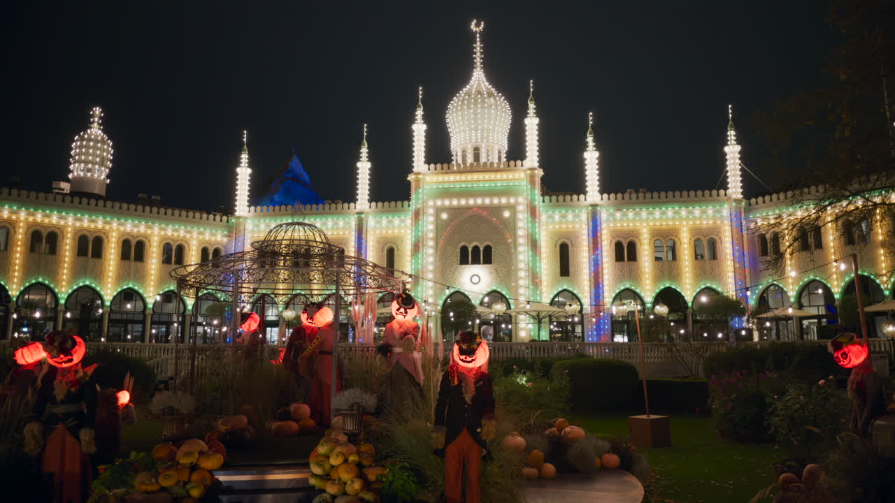 Halloween decorations in the Tivoli Gardens amusement park in Copenhagen, Denmark at night