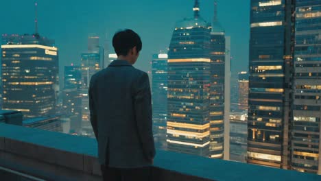 man looking at city skyline at night