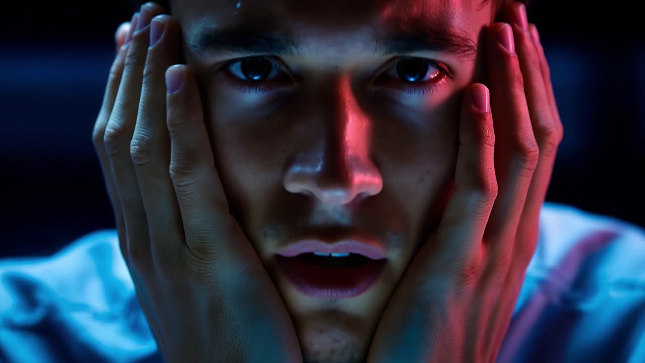 Young man grips his head, eyes wide with tension. Red and blue lights highlight his anxious expression. He stares forward, breathing shallowly under stress. Dark mood fits intense thriller, drama