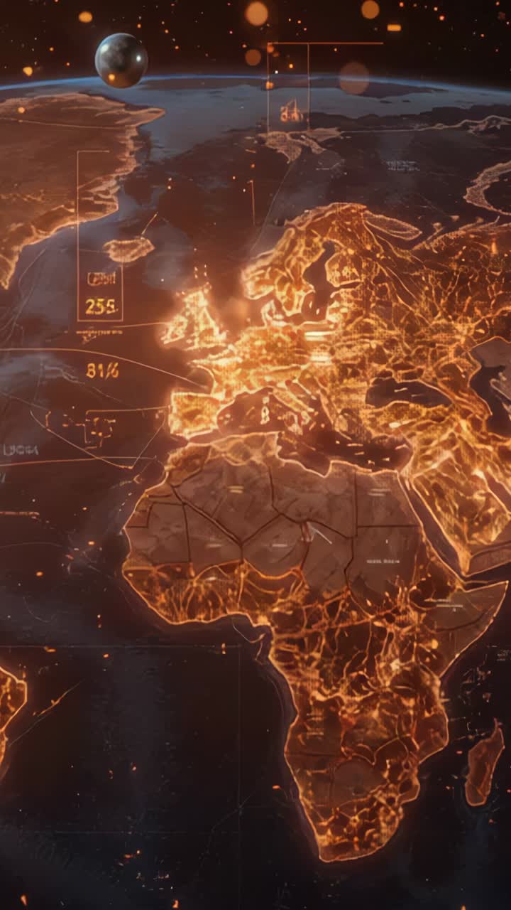 Vertical video: Emerging 3D Europe and Africa map updating live data in space, with floating panels