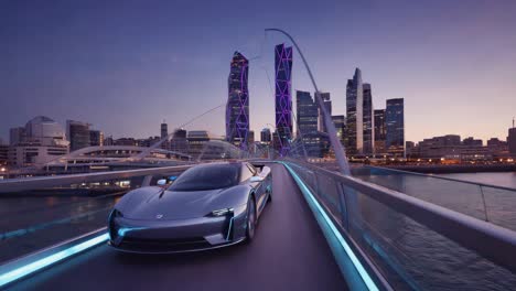 futuristic sports car on a modern bridge with a cityscape at dusk