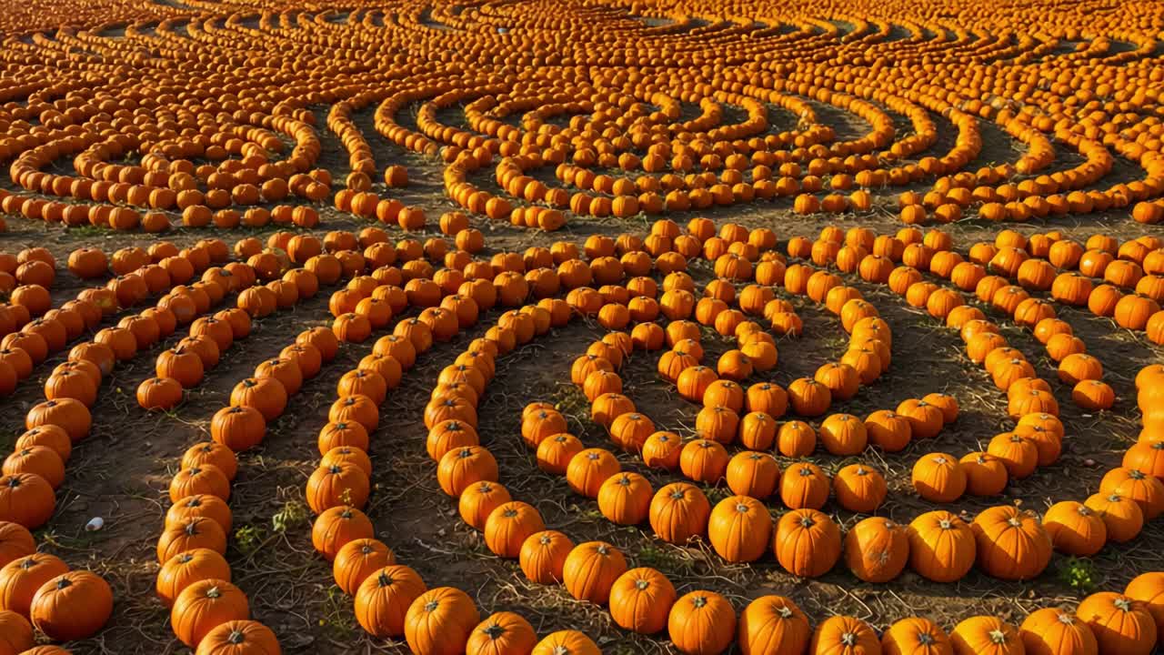 A Stunning View of a Vibrant Pumpkin Patch with Spiraling Patterns Creating a Mesmerizing Landscape of Autumn's Bounty and Seasonal Harvest Enchantment